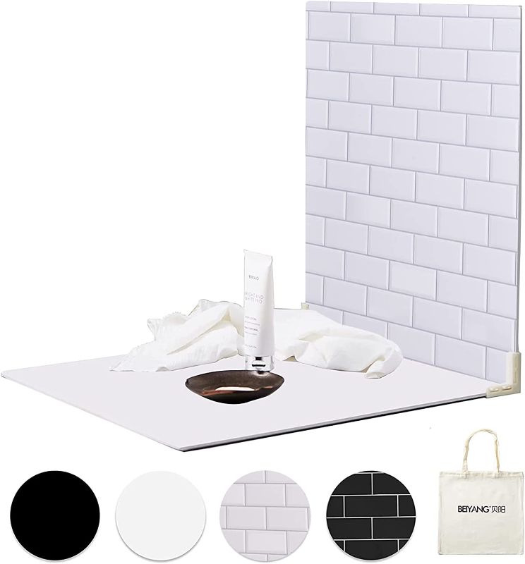 Photo 1 of 2PCS Double Sided Photo Backdrop Boards with Carry Bag, 24x24IN Brick Wall Black White Food Photography Background Tabletop Backdrop for Video Shooting, EOAJAFOU
