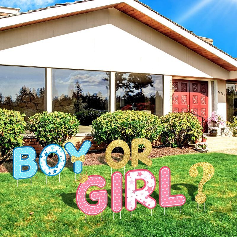 Photo 1 of 10 Pieces Gender Reveal Party Decorations Party Supplies Baby Shower Yard Signs Outdoor Yard Letters Lawn Signs with Stakes for Indoor Outdoor Garden Lawn Party Decorations (Boy or Girl)
