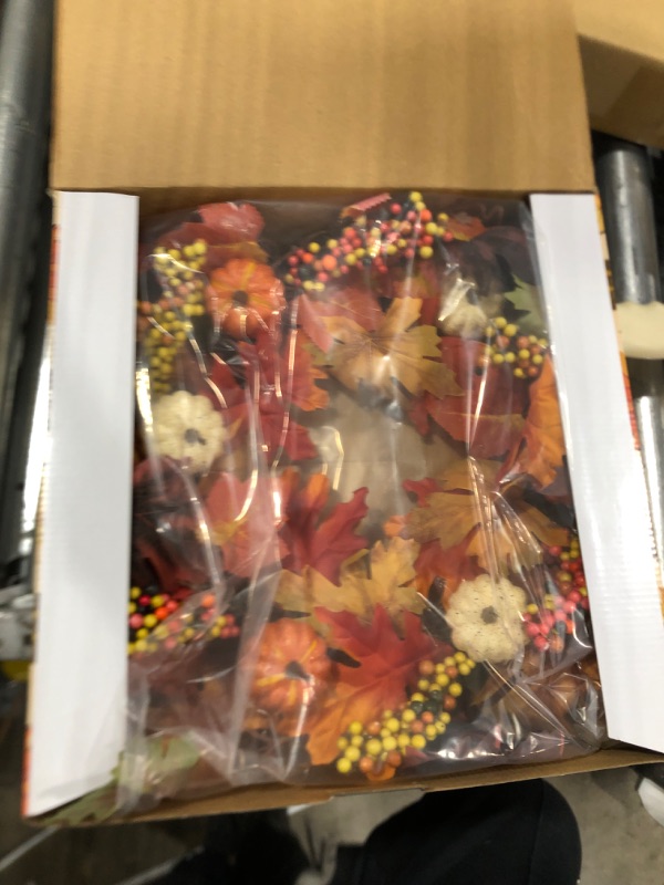 Photo 2 of 18-inch Artificial Maple Leaf Autumn Wreath with Colorful Maple Leaf Pumpkin Pine Cones and Berries, Harvest Wreath, Suitable for Front Door Table Wall and Thanksgiving Decoration
