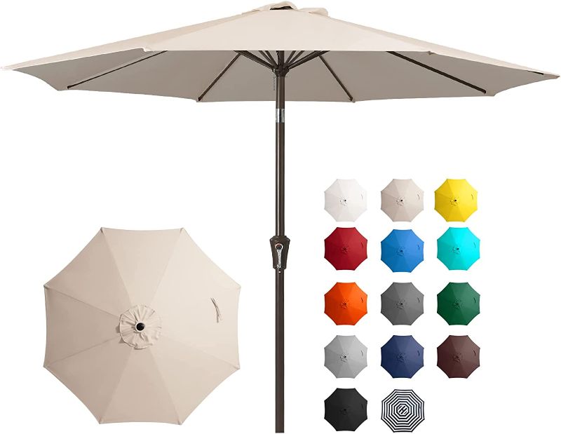 Photo 1 of 9FT Outdoor Patio Umbrella Outdoor Table Umbrella with Push Button Tilt and Crank, Market Umbrella 8 Sturdy Ribs UV Protection Waterproof for Garden, Deck, Backyard, Pool (Beige)