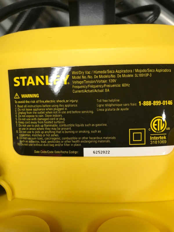 Photo 2 of *** USED IN LIKE NEW CONDITION *** Stanley SL18910P-3 Wet/Dry, 3 Gallon, 3 Horsepower, Portable Car Vacuum, 3.0 HP AC, Black+Yellow