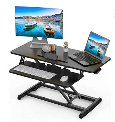 Photo 1 of (DAMAGED DESK CORNER; SCRATCHED; MISSING HARDWARE) Smugdesk 36 Inch Adjustable Ergonomic Sitting Standing Convertible Desk Workstation Riser with Keyboard Tray for Home Office, Black
