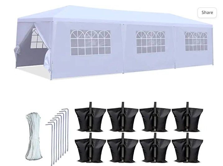 Photo 1 of (TORN MATERIAL; MISSING SANDBAGS) SereneLifeHome Pop Up Canopy Tent - 10x30 Portable Commercial Instant Shelter Foldable/Collapsible Sun Shade Waterproof Tent w/ 8 Walls - 8 Sand Bag, 8 Stake & Ropes White (SLTET30NG)
