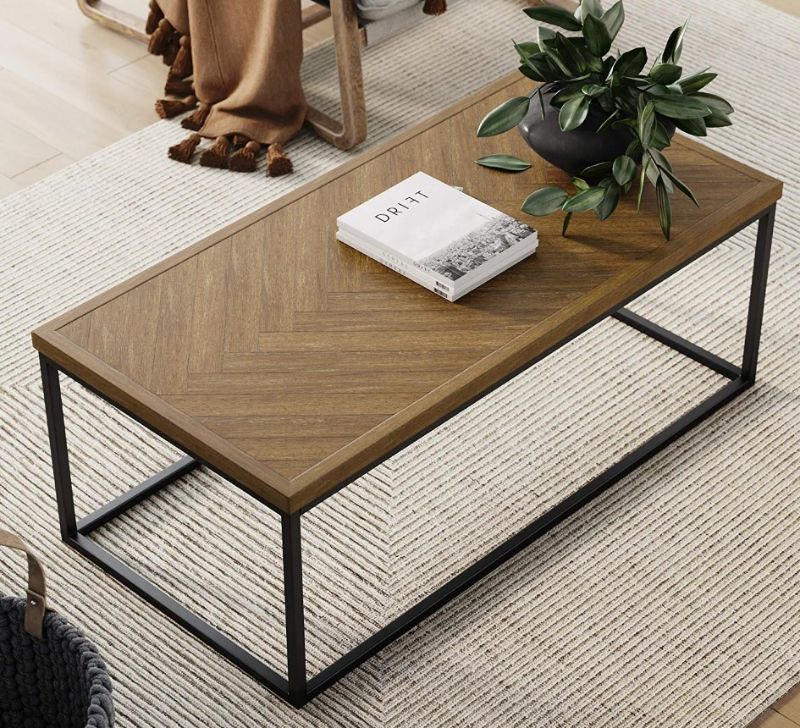Photo 1 of (COSMETIC DAMAGES; MISSING MANUAL) Nathan James Doxa Modern Industrial Coffee Table Wood in Herringbone Pattern and Metal Box Frame, Light Brown/Black; 22"D x 44.1"W x 16.9"H

