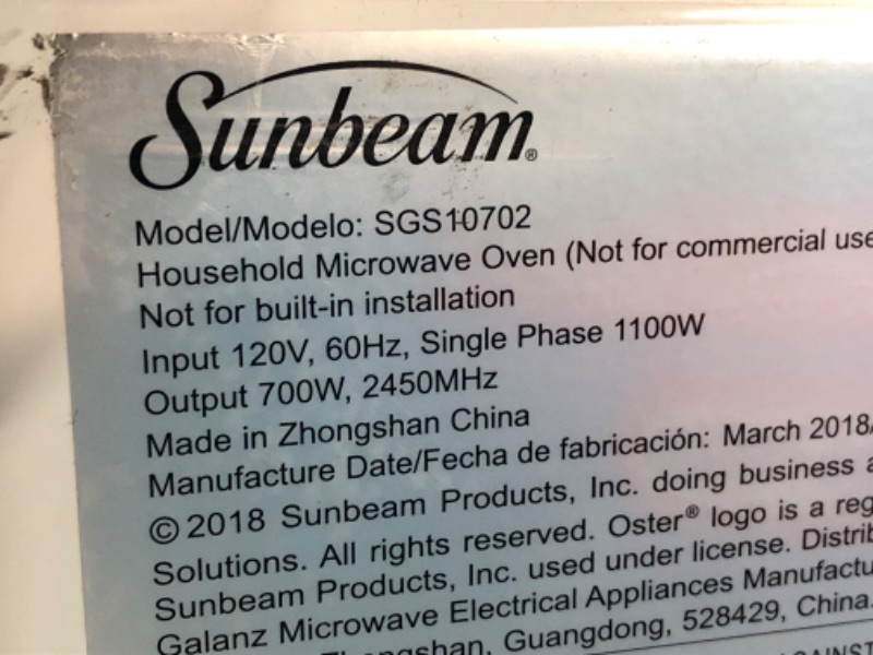 Photo 5 of ***PARTS ONLY DISPLAY MODEL*** Sunbeam 0.7 cu ft Digital Microwave
