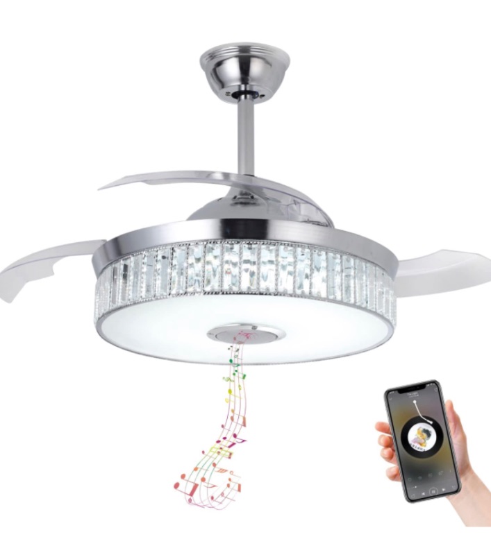 Photo 1 of Wintpea Ceiling Fan Light with Retractable Blades and Remote, Bluetooth Ceiling Fan with Music Speaker Indoor 7 Color Change 6 Speed Reversible Motor (42 Inch)