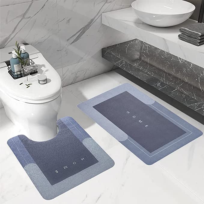 Photo 1 of 2Pcs Bathroom Mats and Toilet Rugs U Shaped Set, Non-Slip Quick-Dry Toilet Mat Bath Mat Rug for Tub, Shower and Bath Room  Blue
