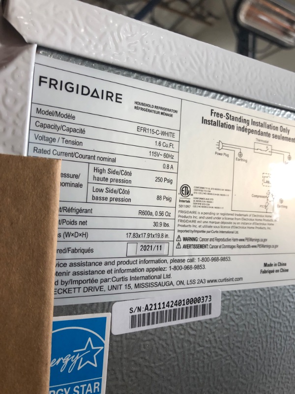 Photo 7 of Frigidaire 1.6 Cu Ft Single Door Compact Refrigerator , EFR115, White