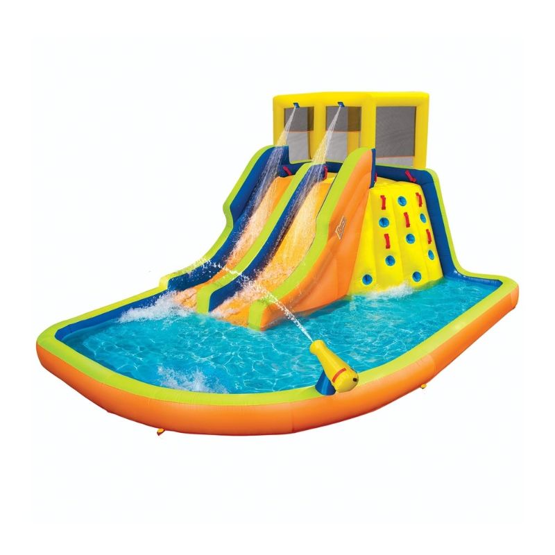 Photo 1 of BANZAI Double Drench Water Park, Length: 15 ft, Width: 11 ft 5 in, Height: 8 ft 4 in, Inflatable Outdoor Backyard Water Slide Splash Toy
