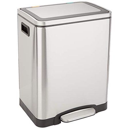 Photo 1 of Amazon Basics 30L Dual Bin Soft-Close Trash can with Foot Pedal - 2 x 15 Liter Bins, Stainless Steel
