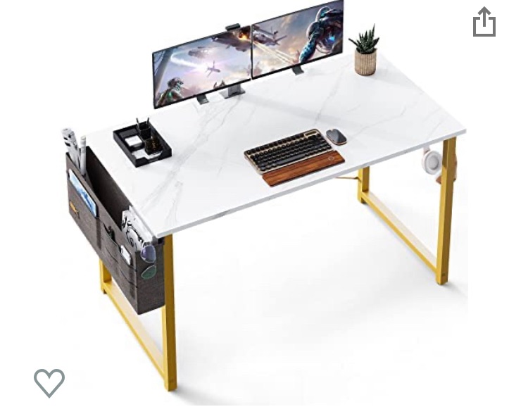 Photo 1 of DK Computer Writing Desk 39 inch, Sturdy Home Office Table, Work Desk with A Storage Bag and Headphone Hook, White Marble + Gold Leg