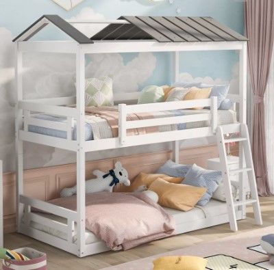 Photo 1 of (Incomplete - Parts Only) Home Modern Wooden Furniture Bedroom Furniture Beds Frame Bases Twin Over Twin House Roof Bunk Bed With Convertible Ladder White
