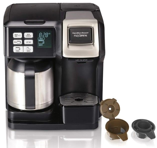 Photo 1 of Hamilton Beach FlexBrew Trio 2-Way Coffee Maker, Compatible with K-Cup Pods or Grounds, Combo, Single Serve & Full 10c Thermal Pot, Black and Stainless
