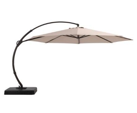 Photo 1 of 10 ft. Outdoor Large Hanging Cantilever Curvy Patio Umbrella with Base in Khaki
