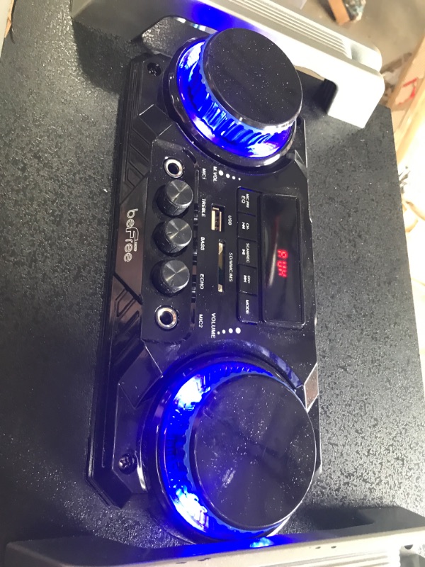 Photo 2 of TESTED POWERS ON** DAMAGED**
beFree Sound Double 10" Subwoofer Bluetooth Portable Party Speaker with Reactive Lights, USB/SD Input, FM Radio, Remote Control and Microphone
