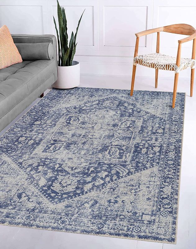 Photo 1 of Adiva Rugs Machine Washable Area Rug for Living Room, Bedroom, Bathroom, Kitchen, Printed Persian Vintage Home Decor, Floor Decoration Carpet Mat (Blue, 7'10" x 10')
