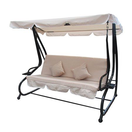 Photo 1 of ALEKO Canopy Patio Swing Bench with Pillows and Cup Holders, Beige
