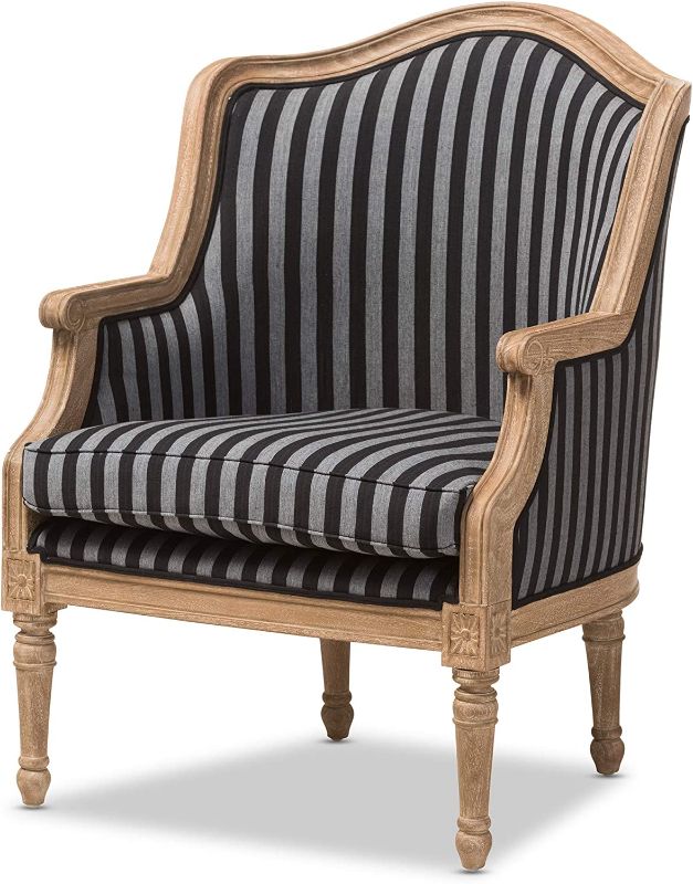 Photo 1 of Baxton Studio Charlemagne Traditional French Black and Grey Striped Accent Chair

