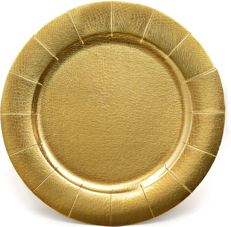 Photo 1 of 24 Disposable Gold Round Charger Plates 13" Dinner Table Serving Tray Heavy Duty Reusable Paper Cardboard Platters for Table Setting Placemats Cupcake Dessert Birthday Parties Weddings Food Safe