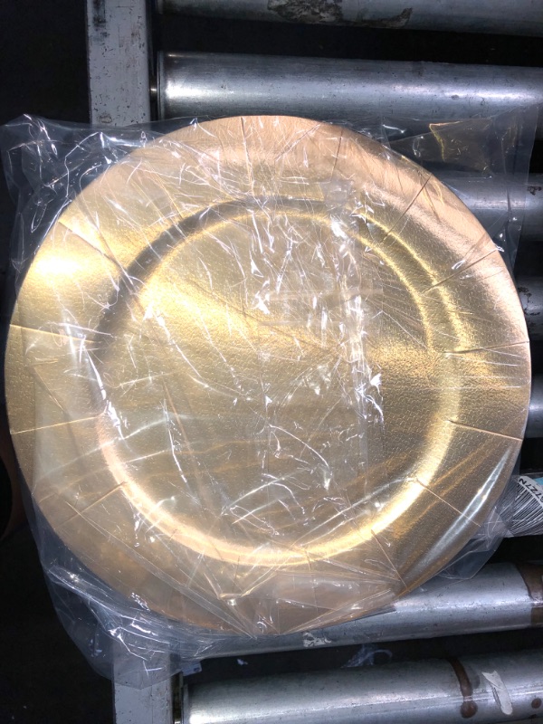 Photo 1 of 24 Disposable Gold Round Charger Plates 13" Dinner Table Serving Tray Heavy Duty Reusable Paper Cardboard Platters for Table Setting Placemats Cupcake Dessert Birthday Parties Weddings Food Safe