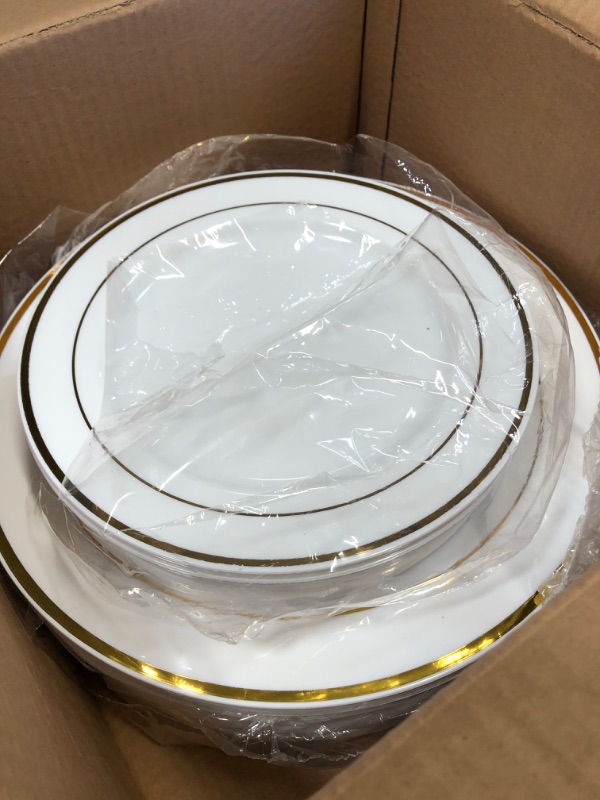 Photo 2 of 100 Piece Plastic Party Plates White Gold Rim, 50 Premium Heavy Duty 10.25 Inch Dinner Plates and 50 Disposable 7.5 Inch Dessert Appetizer Elegant Fancy Heavy Duty Wedding Plates