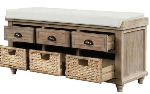 Photo 1 of 42 in. D x 15 in. W x 19 in. H White Washed Wood Shoe Storage Bench with 3-Drawers and 3-Rattan Baskets