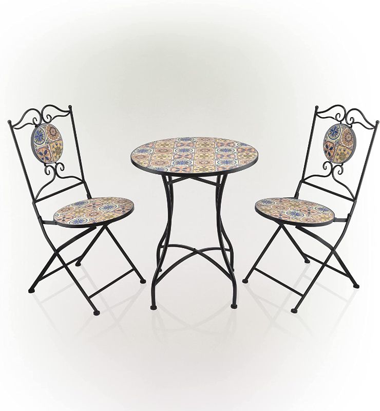 Photo 1 of ***DAMAGED*** Alpine Corporation Alpine Indoor/Outdoor Mediterranean Tile Design Set Table and Chairs Patio Seating Garden Furniture, Multicolor
