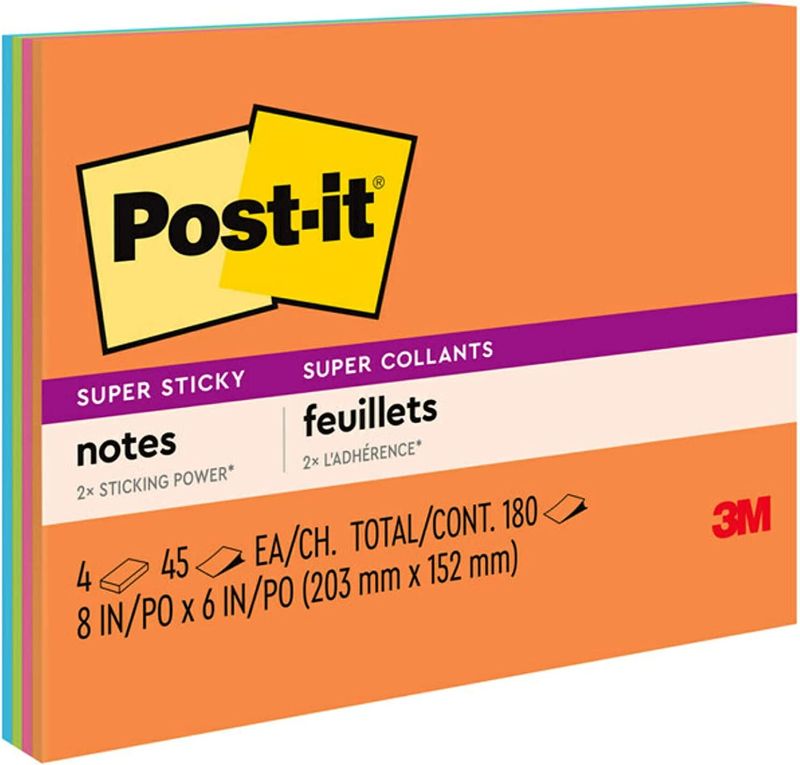 Photo 1 of Post-it Super Sticky Notes, 8x6 in, 4 Pads, 2x the Sticking Power, Energy Boost Collection, Bright Colors, Recyclable (6845-SSP)
