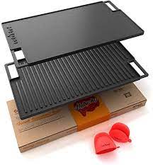 Photo 1 of (MISSING FLAT PAN) NutriChef Cast Iron Reversible Grill Plate - 18 Inch Flat Cast Iron Skillet Griddle Pan For Stove Top, Gas Range Grilling Pan w/ Silicone Oven Mitt For Electric Stovetop, Ceramic, Induction.

