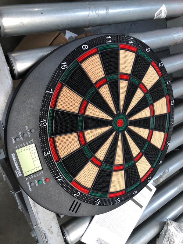 Photo 2 of (MISSING DARTS; BENT) Arachnid Lightweight Electronic Dartboard with LCD Scoring Displays, Heckler Feature, 8-Player Scoring and 21 Games with 65 Variations , Black, 18.5L x 17.5W x 6.75D in.

