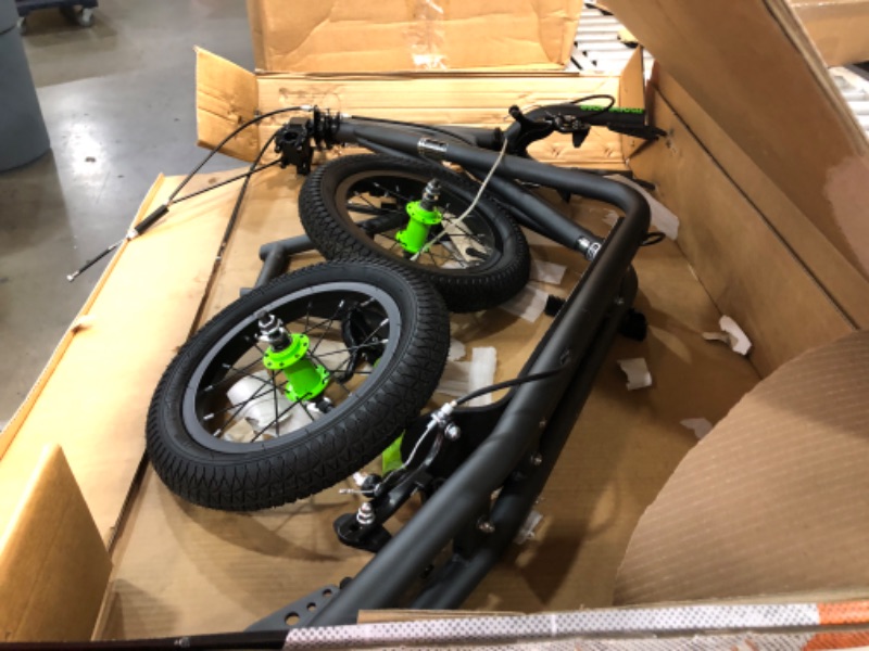 Photo 1 of USED: Mongoose Expo Scooter, Featuring Front and Rear Caliper Brakes and Rear Axle Pegs with 12-Inch Inflatable Wheels, Green/Grey 48 x 26.5 x 33.5 inches