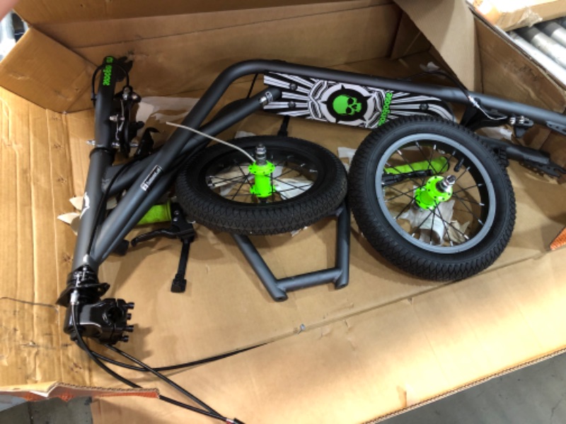 Photo 1 of USED: Mongoose Expo Scooter, Featuring Front and Rear Caliper Brakes and Rear Axle Pegs with 12-Inch Inflatable Wheels, Green/Grey 48 x 26.5 x 33.5 inches