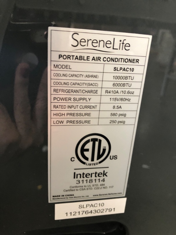 Photo 3 of USED! SereneLife SLPAC10 Portable Air Conditioner Compact Home AC Cooling Unit with Built-in Dehumidifier & Fan Modes, Quiet Operation, Includes Window Mount Kit, 10,000 BTU, White 13.39"D x 32.09"W x 17.45"H

