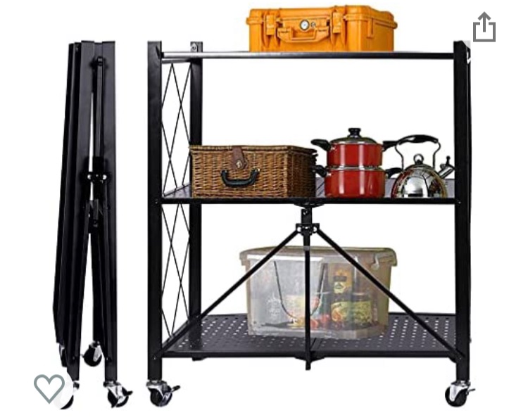 Photo 1 of 3 Tier Storage Shelves for Kitchen Foldable Storage Shelf Rack, No Assembly Storage Shelving on Wheels for Kitchen Rolling Cart, Garage Bathroom Organizer, Book Shelving Unit - Black (Ship from US)