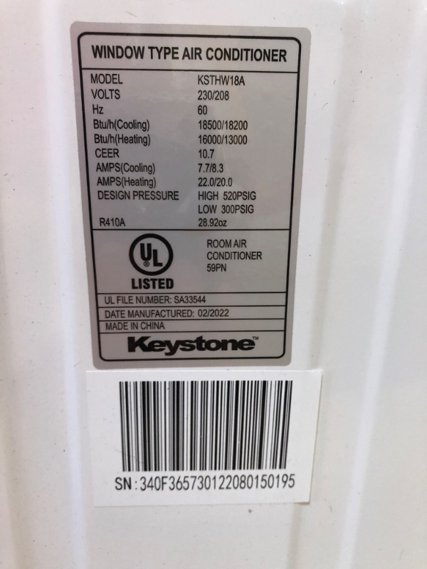 Photo 4 of (see pic for plug prong design; DENTED; BROKEN FRONT PANEL HOOK) Keystone 18, 000 BTU Heat/Cool Window Air Conditioner