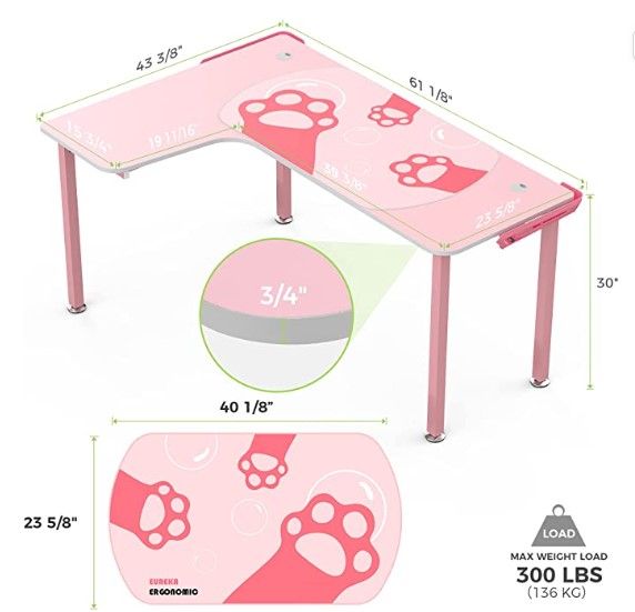 Photo 1 of Eureka Ergonomic 61 inch L Shaped Desk, Pink Computer Gaming Desk Office Corner Desk for Home Office Study Writing Table