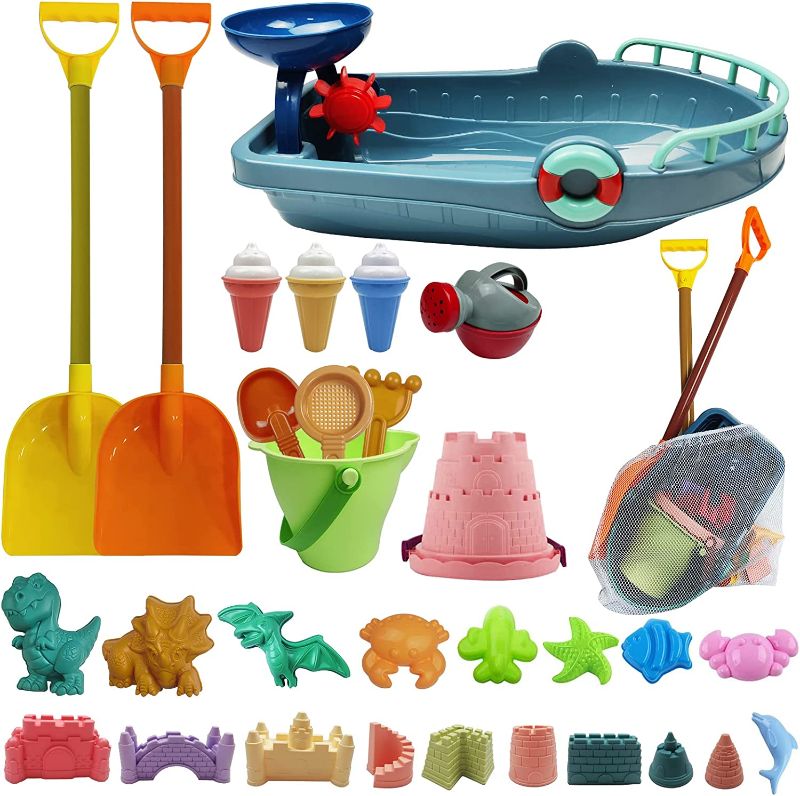 Photo 1 of IOKUKI Long Shovels Sand Toys Set with Mesh Bag Including Bath Boat, Castle Building Kit Beach Buckets, Shovels, Rakes, Molds, Outdoor Beach Toys Tool Kit for Kids, Toddlers, Boys and Girls - 31 PCS.
