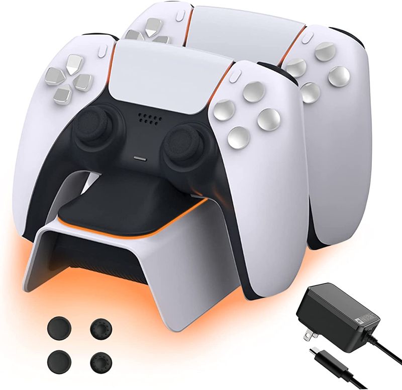 Photo 1 of NexiGo PS5 Controller Charger with Thumb Grip Kit, Fast Charging AC Adapter, Dualsense Charging Station Dock for Dual Playstation 5 Controllers with LED Indicator, White.
