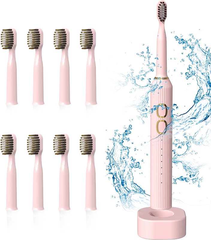 Photo 1 of IPX7 Waterproof Electric Toothbrush with 9 Brush Heads for Adults and Students, Inductive Fast Charging, One Charge for 30 Days,5 Modes, 3 Intensity Levels with 2 Minutes Built in Smart Timer(Pink)
