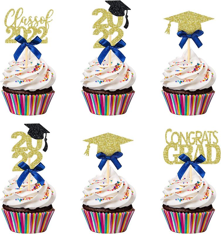 Photo 1 of 24Pcs Graduation Cupcake Toppers 2022 Blue- Blue and Gold Graduation Decorations 2022, Blue and Gold Congratulations Decorations,Graduation Centerpieces Sticks
