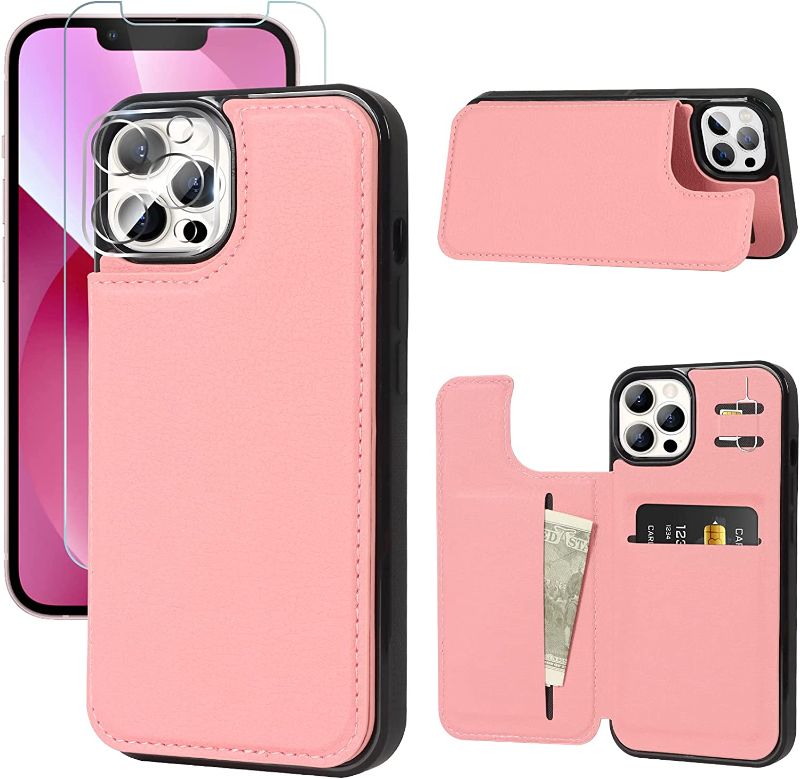 Photo 1 of CoBak Compatible with iPhone 13 Pro max Wallet Case with Screen Protector, PU Leather Kickstand Card Slots Case, Double Magnetic Clasp Durable Shockproof Cover 6.7 Inch, Pink
