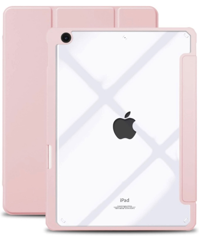 Photo 1 of  Aoub Case for iPad 9th/8th/7th Generation 10.2 inch, Trifold Stand Auto Sleep/Wake Slim Lightweight Smart Cover Clear Transparent Case with Pencil Holder for iPad 10.2 2021/2020/2019, Baby Pink
 
 
 
 
 
