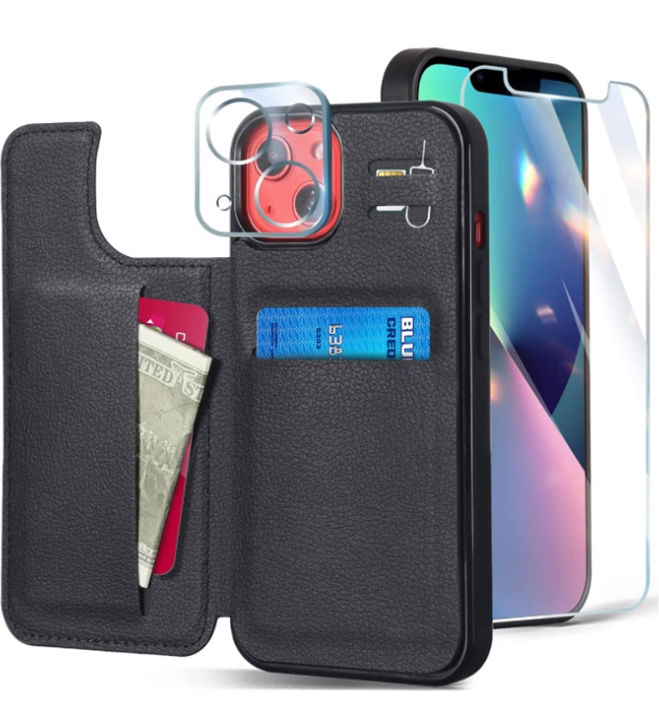 Photo 1 of CoBak Compatible with iPhone 13 Wallet Case with Screen Protector, PU Leather Kickstand Card Slots Case, Double Magnetic Clasp Durable Shockproof Cover 6.1 Inch,Black 2 pack 