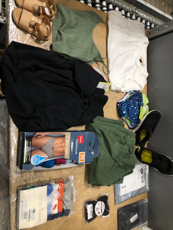 Photo 1 of Assorted Mens and Womens Clothing Bundle, Womens Pants ( 10/x-Short) and Shirts (s/l), Mens  Underwear M and Baby Swim Bottom with Clothing Accessories ( Shoes c6, 3)  7 Children's Underwear) 11 Pack 