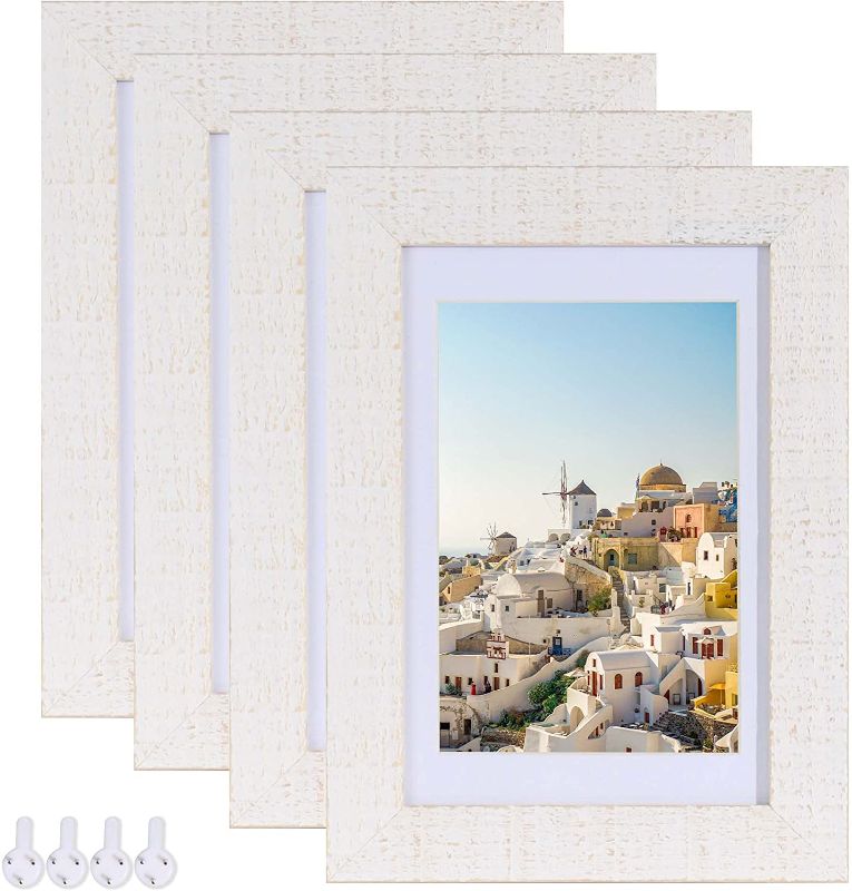 Photo 1 of 4Pack 4x6 Picture Frame Rustic White Made of Solid Wood and Real Glass, Display Pictures 3.5x5 with Mat or 4x6 Without Mat, Multi Photo Frames Collage for Wall or Tabletop Display.
