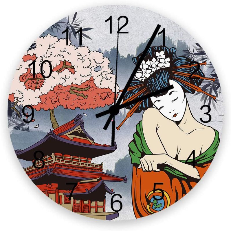 Photo 1 of 12 Inch Round Wooden Wall Clock, Asian Japanese Art Geisha Girl Traditional Style Battery Operated, Silent Wall Decor for The Kitchen, Living Room, Bedroom, Office
