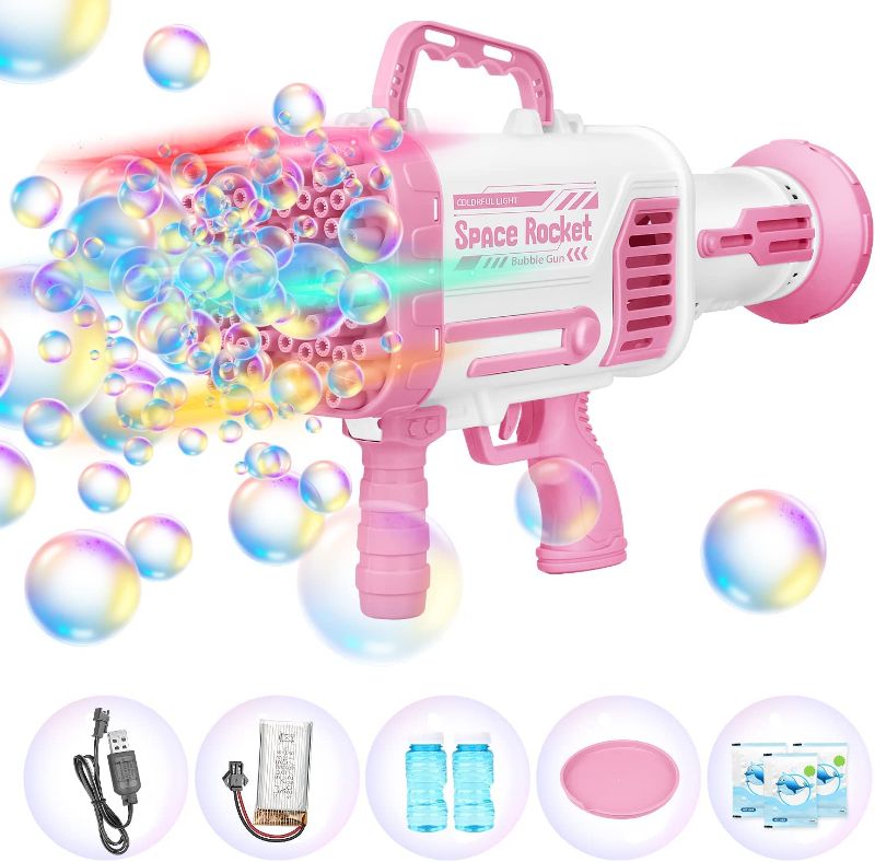 Photo 1 of Bazooka Bubble Gun with Flash Lights|64 Holes Bubble Machine Gun for Kids Adults Giant Bubble Machine Gun, Summer Outdoor Children's Toys - Best Gifts for 3 5 6 7 Year Old Boys and Girls, Adults - color pink
