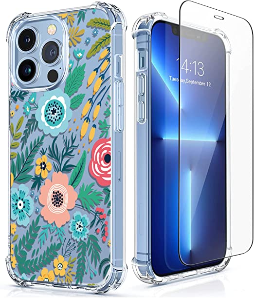 Photo 1 of [5-in-1] RoseParrot iPhone 13 Pro Max Case with Screen Protector + Ring Holder + Waterproof Pouch, Clear with Floral Pattern Design, Shockproof Protective Cover
