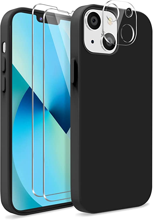 Photo 1 of KSWOUS Silicone Case for iPhone 13 6.1 Inch with [2 Pack] Screen Protector + [1 Pack] Camera Lens Protector with Soft Microfiber Lining, Slim Liquid Silicone Ultra Shockproof Phone Cover (Black)
