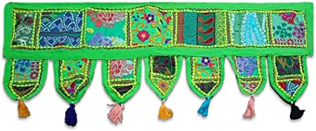 Photo 1 of Essencea Indian Ethnic Handmade Door Toran / Door Hanging | 39x14 inches | Green | Cotton Embroidered Wall Hanging Home Decor Window Valances.
